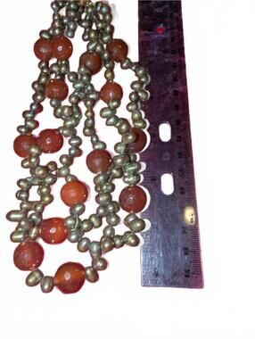 Vintage Multi-Strand Beaded Necklace with carnelian carved agate and real pearls